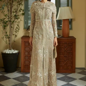 BEIGE FRONT OPEN FLOOR-LENGTH ORGANZA SHIRT